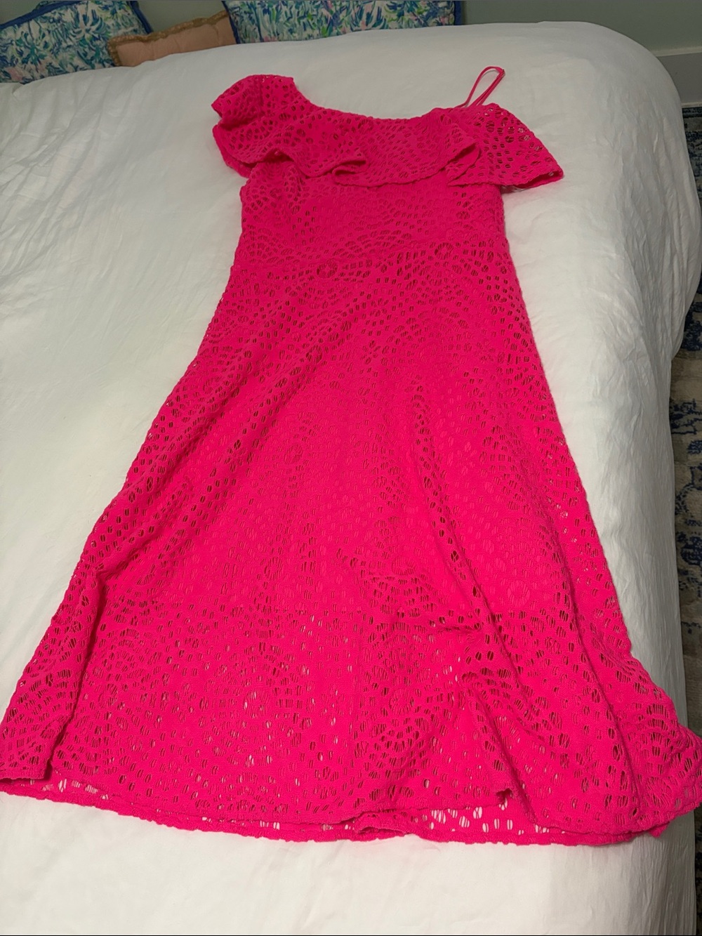 Lilly Pulitzer Hot Pink Eyelet One-Shoulder Ruffle Dress